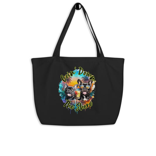 Down The Shore Large Eco Tote Bag by Awake Republic - Black 100% Certified Organic Cotton Large Tote Bag with Image