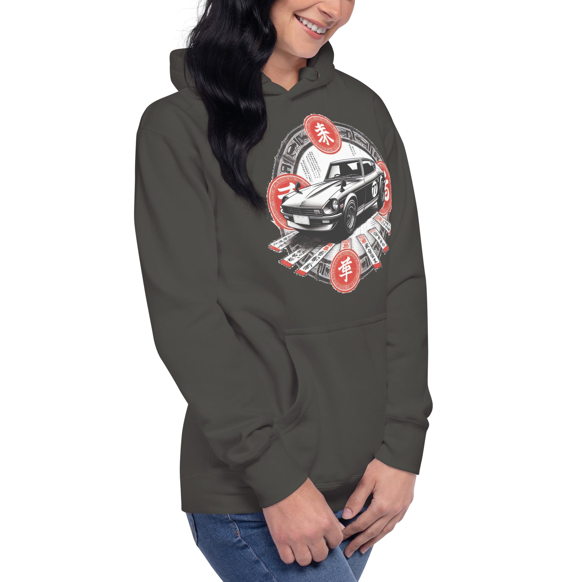 Datsun 240Z Classic Sports Car Hoodie by Awake Republic - Vintage Black 100% Cotton Face, cotton/polyester blend Pullover Hoodie with Image and Japanese Characters