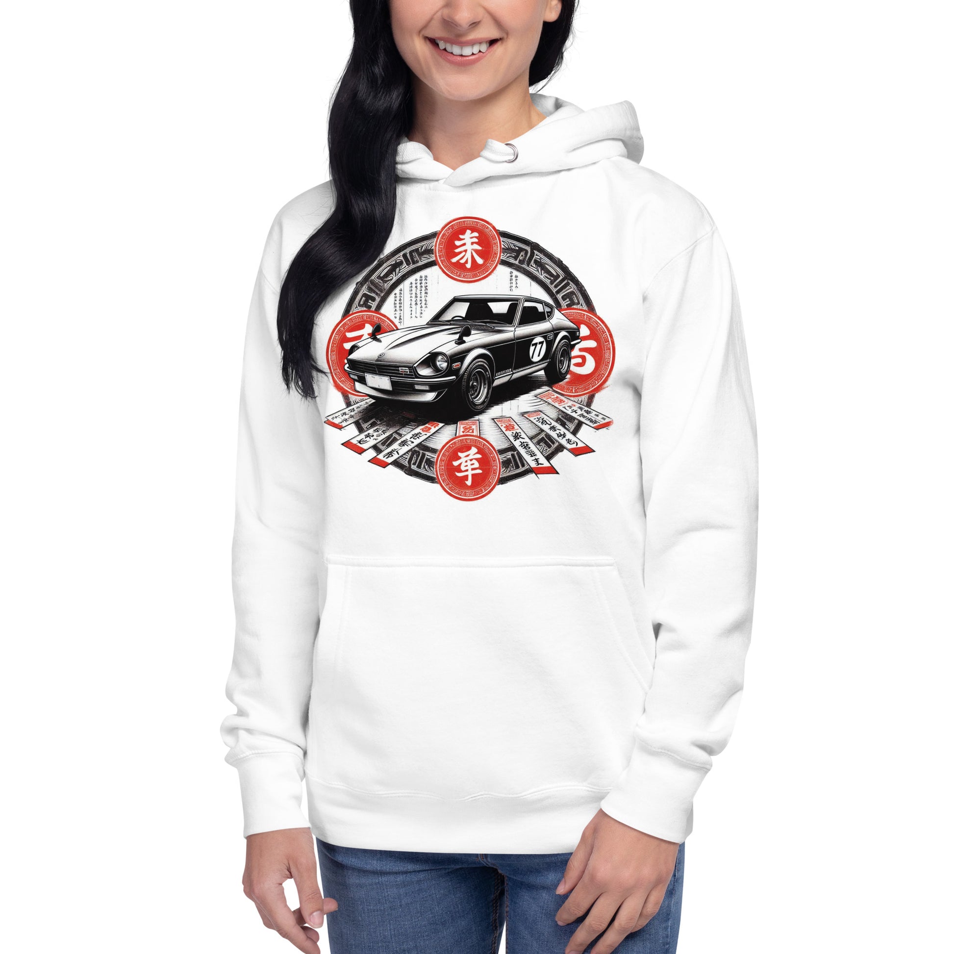 Datsun 240Z Classic Sports Car Hoodie by Awake Republic - White 100% Cotton Face, cotton/polyester blend Pullover Hoodie with Image and Japanese Characters