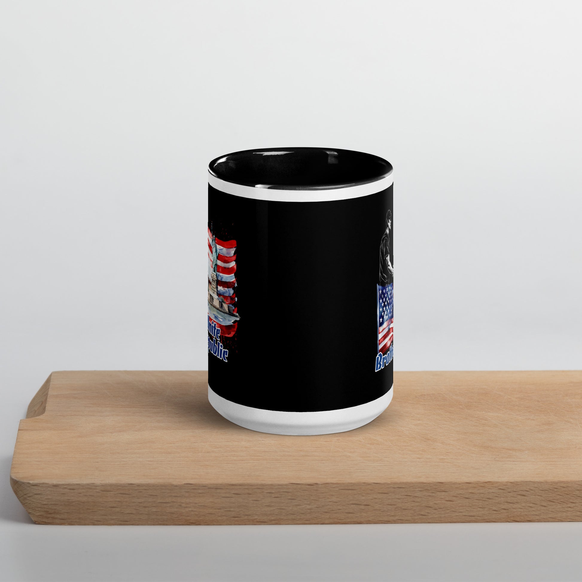 Brotherhood/Unite Our Republic 15 oz. Mug by Awake Republic - White with black colored rim inside and handle. Dishwasher and microwave safe ceramic mug with images