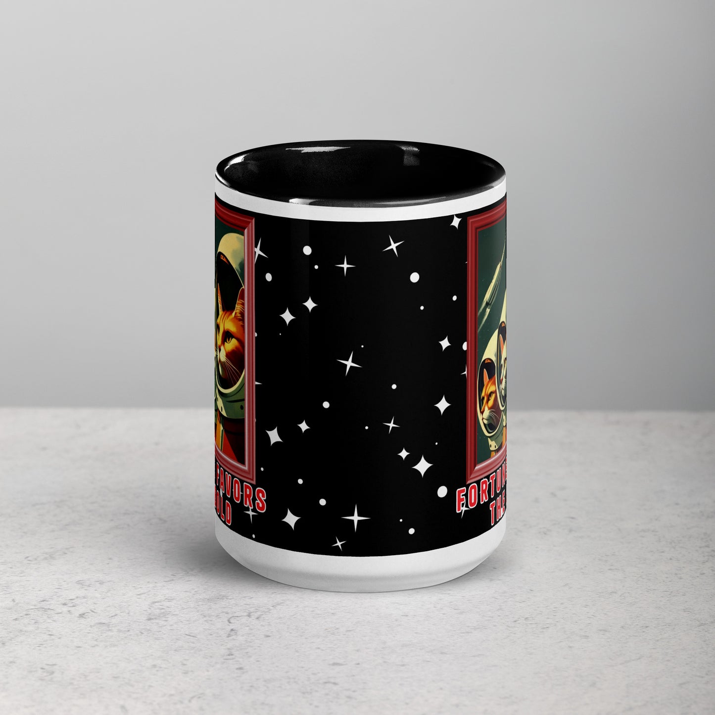 Retro Cosmonaut Cats 15 oz Mug by Awake Republic - White with black colored rim, inside, and handle. Ceramic mug is dishwasher and microwave safe with colorful images