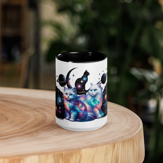 Cosmic Cats 15 oz Mug by Awake Republic - White with black colored rim, inside, and handle. Ceramic mug is dishwasher and microwave safe with colorful images