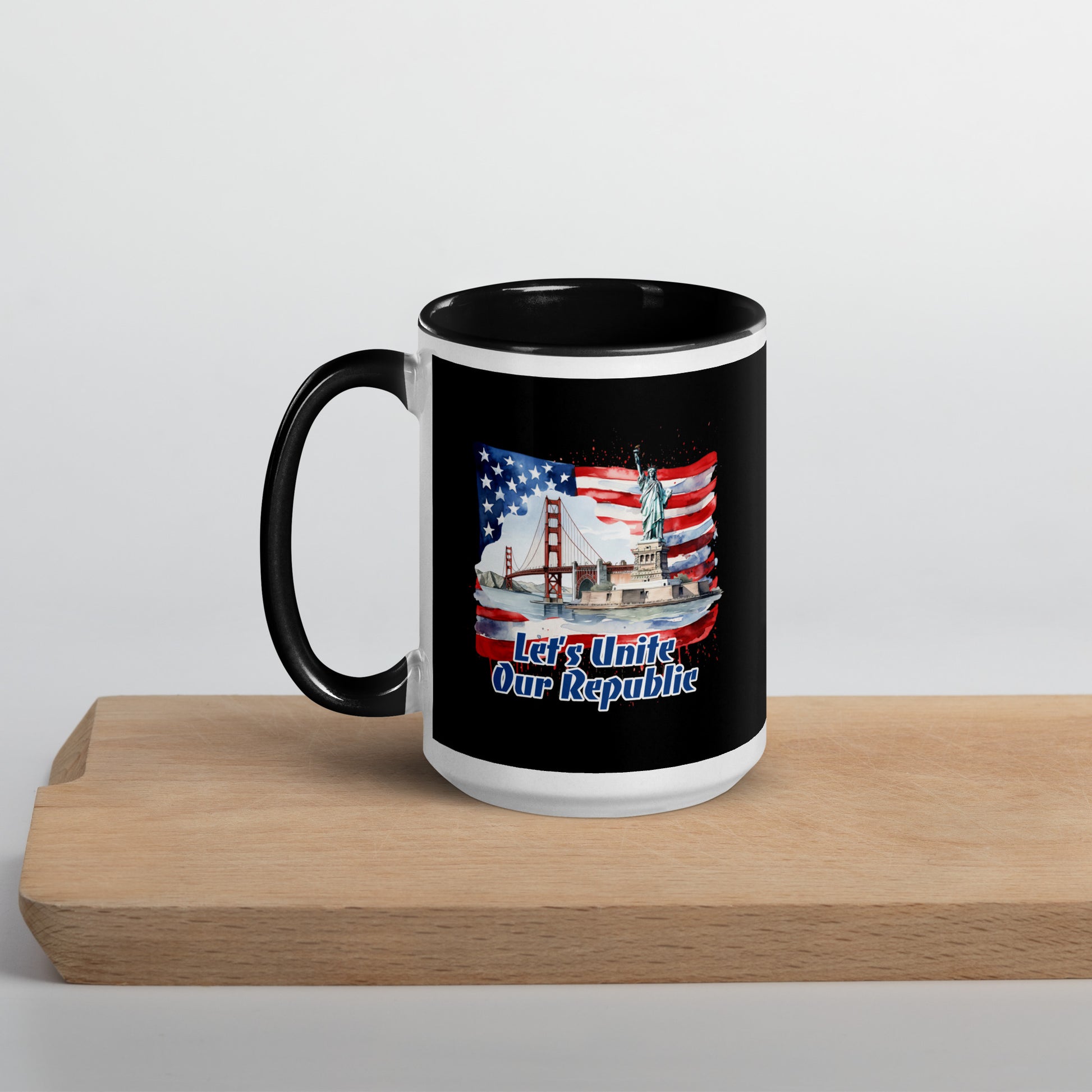 Brotherhood/Unite Our Republic 15 oz. Mug by Awake Republic - White with black colored rim inside and handle. Dishwasher and microwave safe ceramic mug with images
