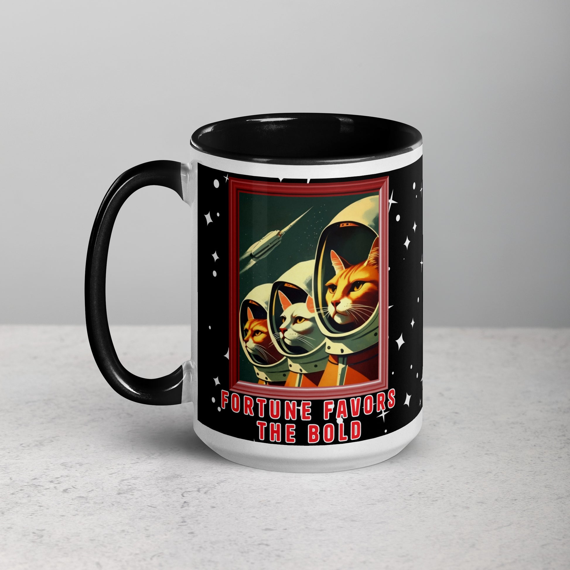 Retro Cosmonaut Cats 15 oz Mug by Awake Republic - White with black colored rim, inside, and handle. Ceramic mug is dishwasher and microwave safe with colorful images