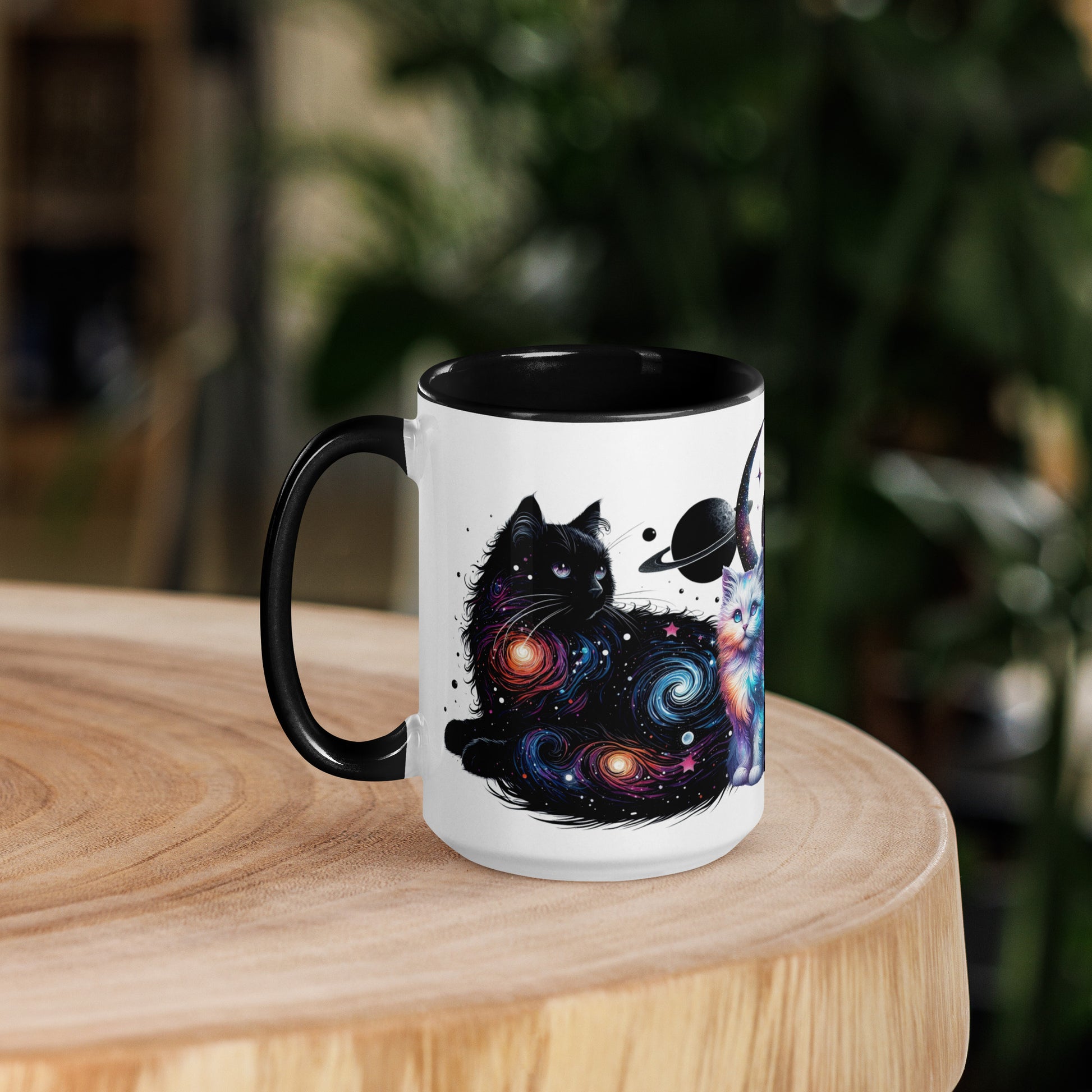 Cosmic Cats 15 oz Mug by Awake Republic - White with black colored rim, inside, and handle. Ceramic mug is dishwasher and microwave safe with colorful images