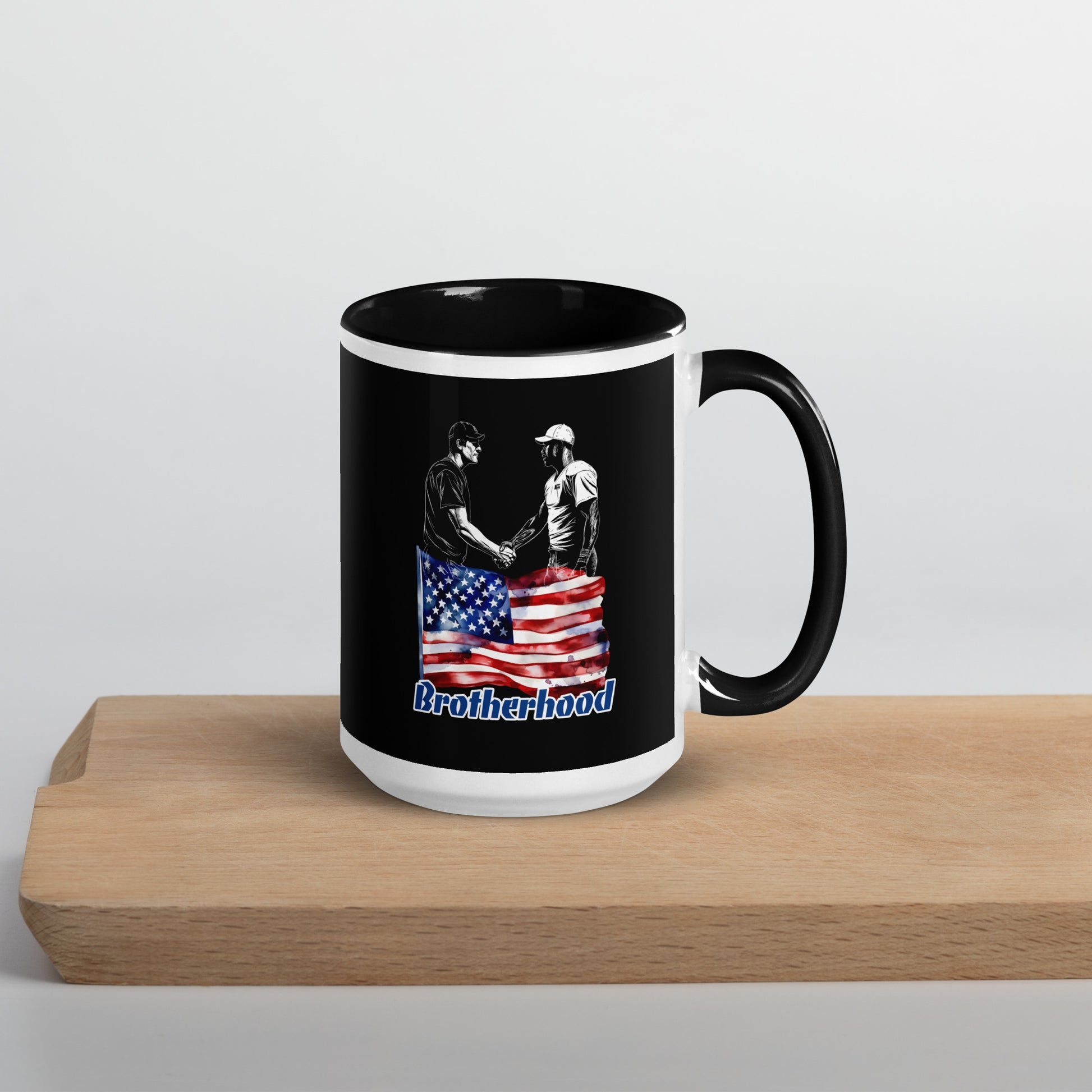 Brotherhood/Unite Our Republic 15 oz. Mug by Awake Republic - White with black colored rim inside and handle. Dishwasher and microwave safe ceramic mug with images
