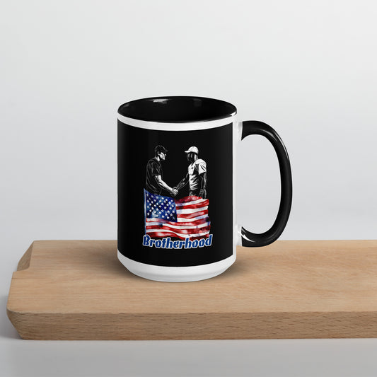 Brotherhood/Unite Our Republic 15 oz. Mug by Awake Republic - White with black colored rim inside and handle. Dishwasher and microwave safe ceramic mug with images