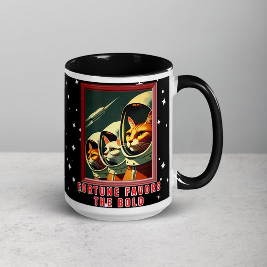 Retro Cosmonaut Cats 15 oz Mug by Awake Republic - White with black colored rim, inside, and handle. Ceramic mug is dishwasher and microwave safe with colorful images