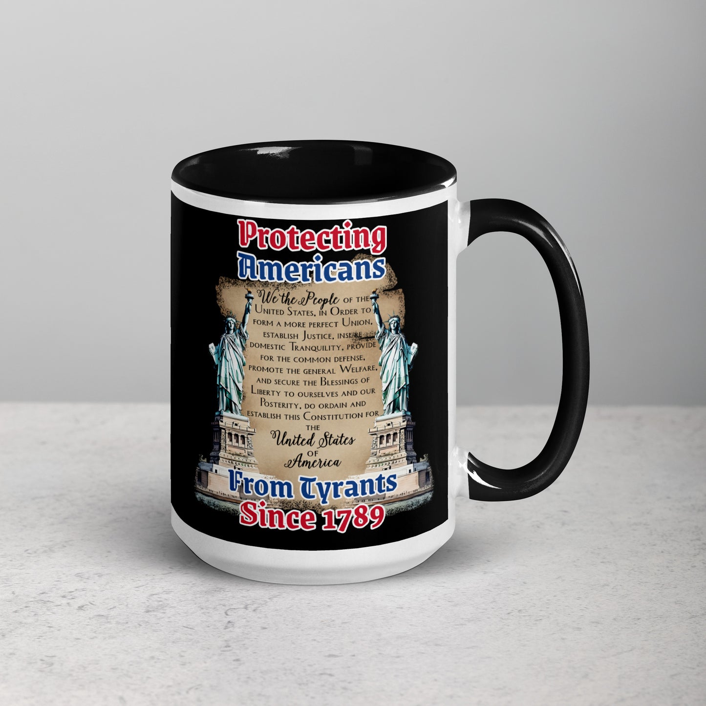 Ensuring Freedom 15 oz Mug by Awake Republic - White with black colored rim, inside, and handle. Ceramic mug is dishwasher and microwave safe with colorful images