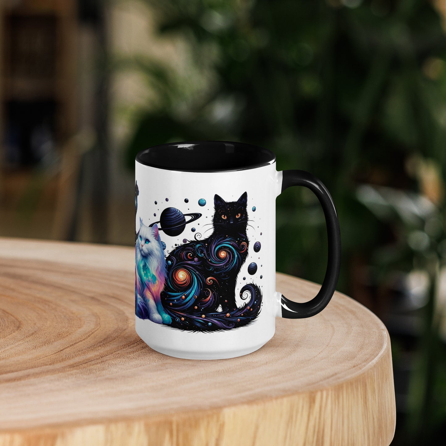 Cosmic Cats 15 oz Mug by Awake Republic - White with black colored rim, inside, and handle. Ceramic mug is dishwasher and microwave safe with colorful images