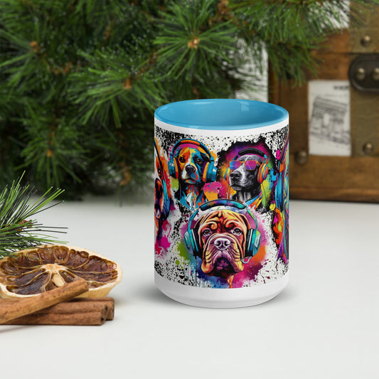 DJ Dogs 15 oz Mug by Awake Republic - White with blue colored rim, inside, and handle. Ceramic mug is dishwasher and microwave safe with colorful images