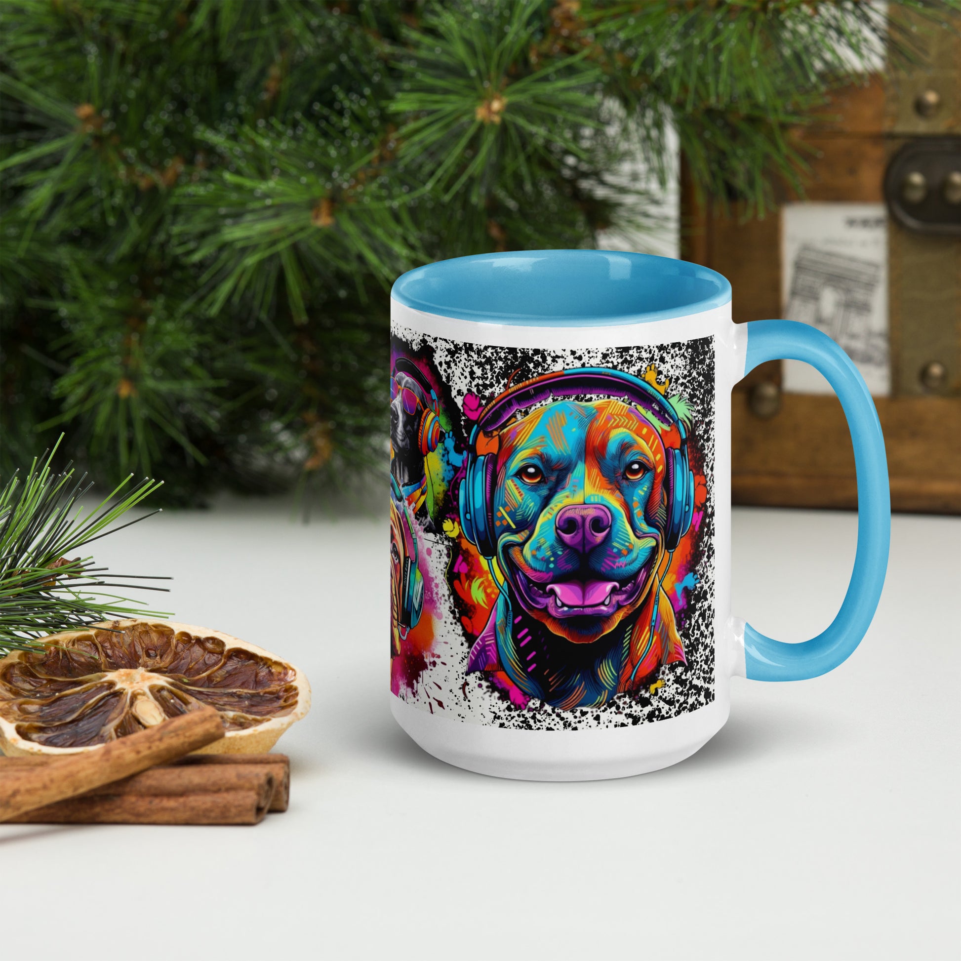DJ Dogs 15 oz Mug by Awake Republic - White with blue colored rim, inside, and handle. Ceramic mug is dishwasher and microwave safe with colorful images