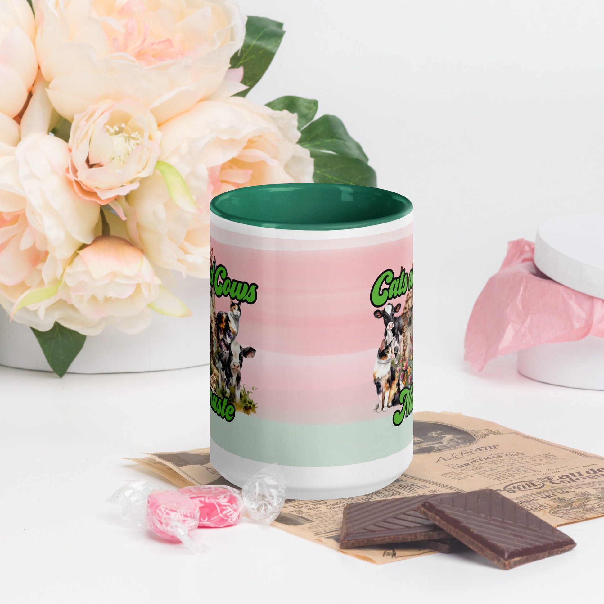 Cats and Cows 15 oz Mug by Awake Republic - White with dark green colored rim, inside, and handle. Ceramic mug is dishwasher and microwave safe with colorful images