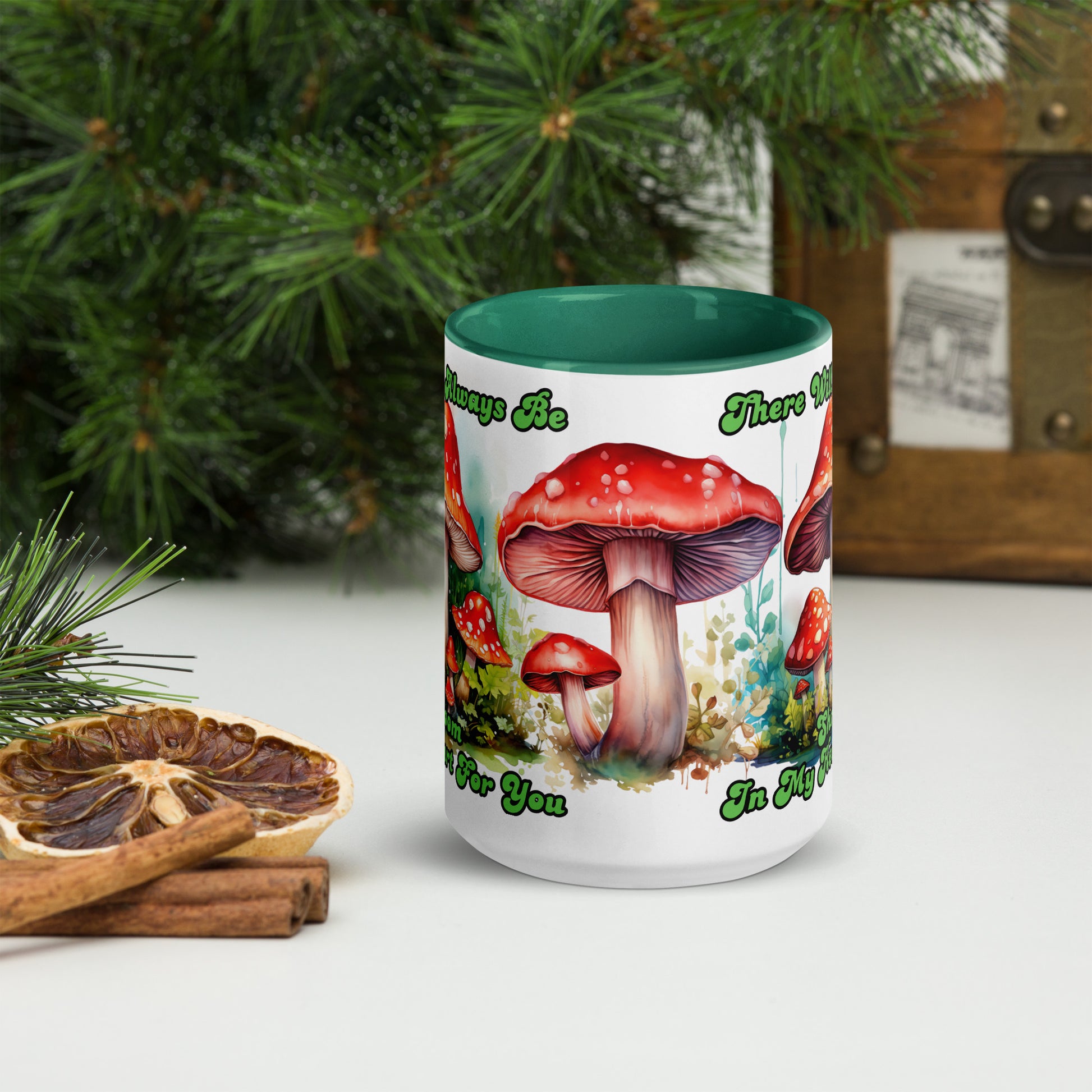 Shroom In My Heart 15 oz Mug by Awake Republic - White with dark green colored rim, inside, and handle. Ceramic mug is dishwasher and microwave safe with colorful images