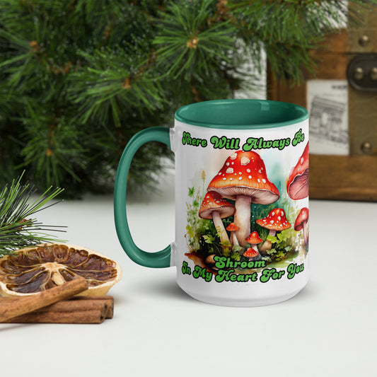 Shroom In My Heart 15 oz Mug by Awake Republic - White with dark green colored rim, inside, and handle. Ceramic mug is dishwasher and microwave safe with colorful images