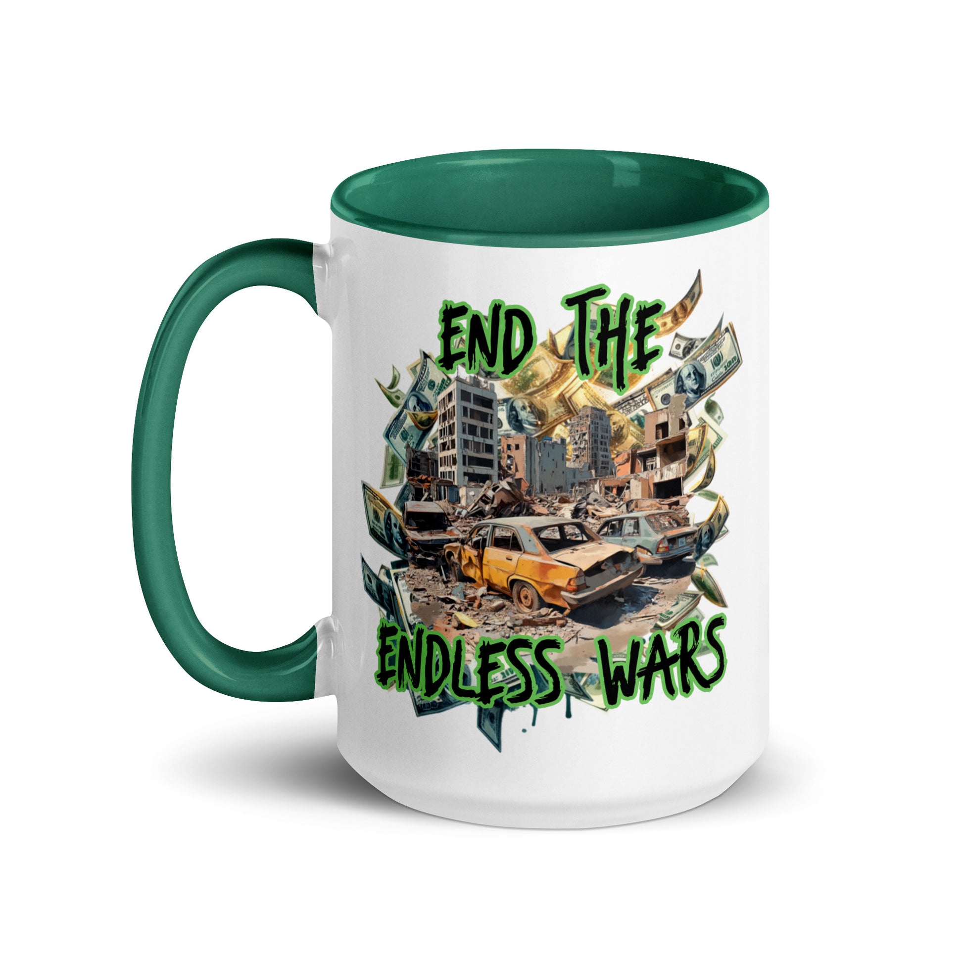 End The Endless Wars 15 oz Mug by Awake Republic - White with dark green colored rim, inside, and handle. Ceramic mug is dishwasher and microwave safe with colorful images