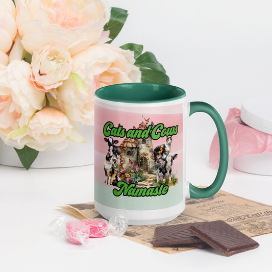 Cats and Cows 15 oz Mug by Awake Republic - White with dark green colored rim, inside, and handle. Ceramic mug is dishwasher and microwave safe with colorful images