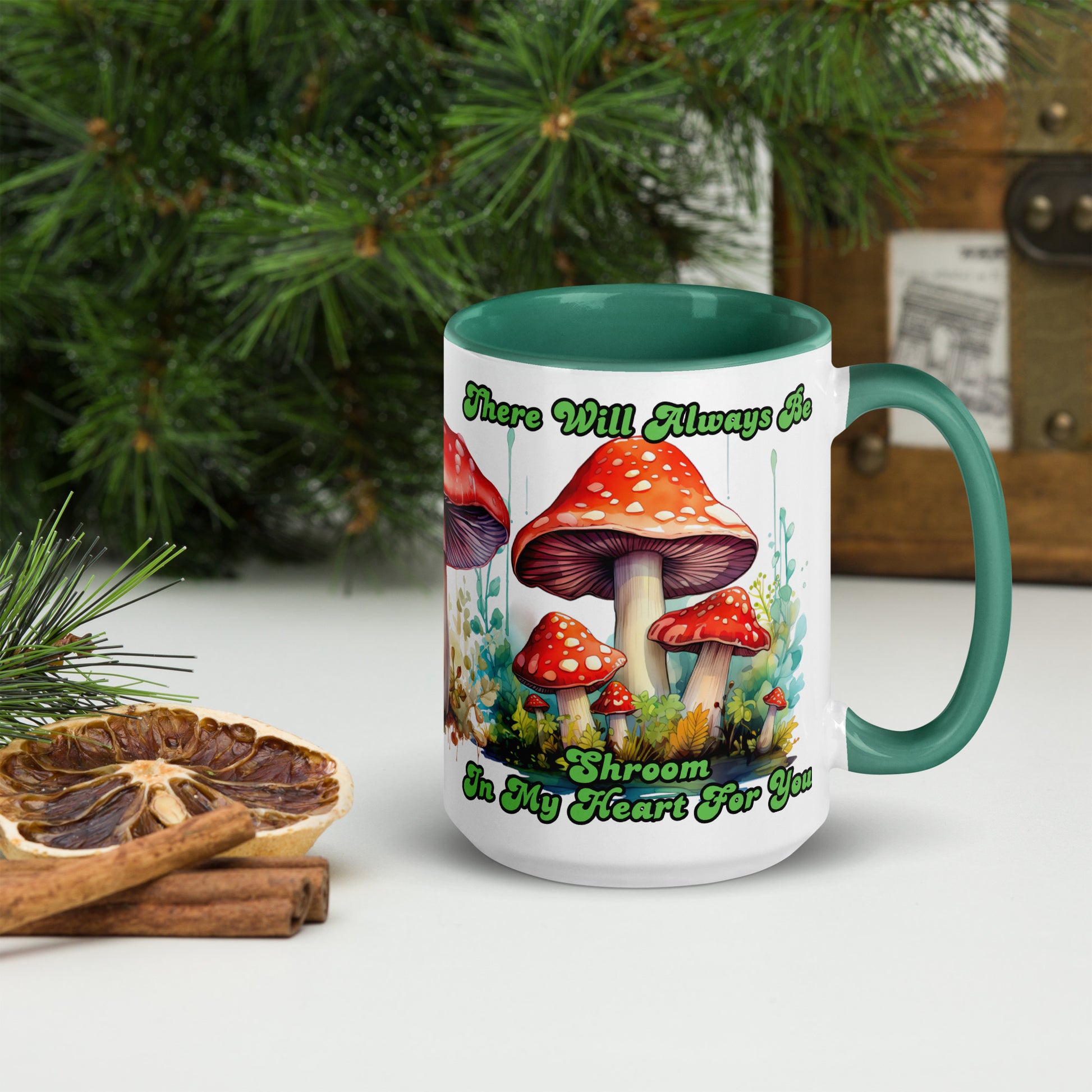 Shroom In My Heart 15 oz Mug by Awake Republic - White with dark green colored rim, inside, and handle. Ceramic mug is dishwasher and microwave safe with colorful images