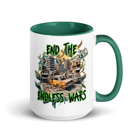 End The Endless Wars 15 oz Mug by Awake Republic - White with dark green colored rim, inside, and handle. Ceramic mug is dishwasher and microwave safe with colorful images