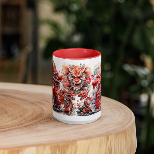 Wood Dragon 15 oz Mug by Awake Republic - White with red colored rim, inside, and handle. Ceramic mug is dishwasher and microwave safe with colorful images
