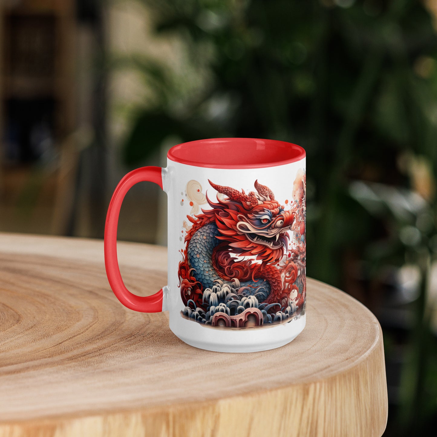 Wood Dragon 15 oz Mug by Awake Republic - White with red colored rim, inside, and handle. Ceramic mug is dishwasher and microwave safe with colorful images