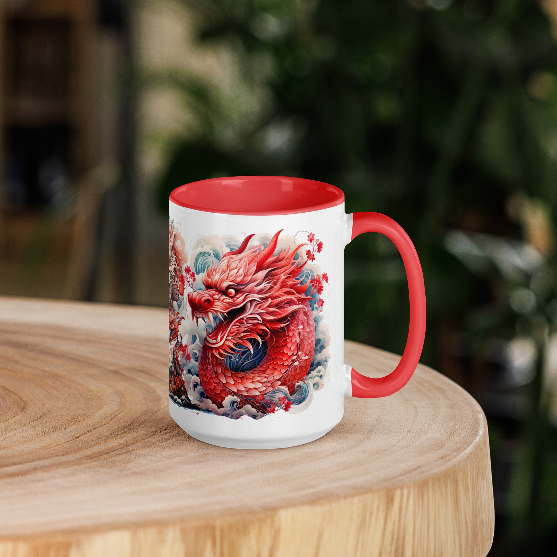 Wood Dragon 15 oz Mug by Awake Republic - White with red colored rim, inside, and handle. Ceramic mug is dishwasher and microwave safe with colorful images