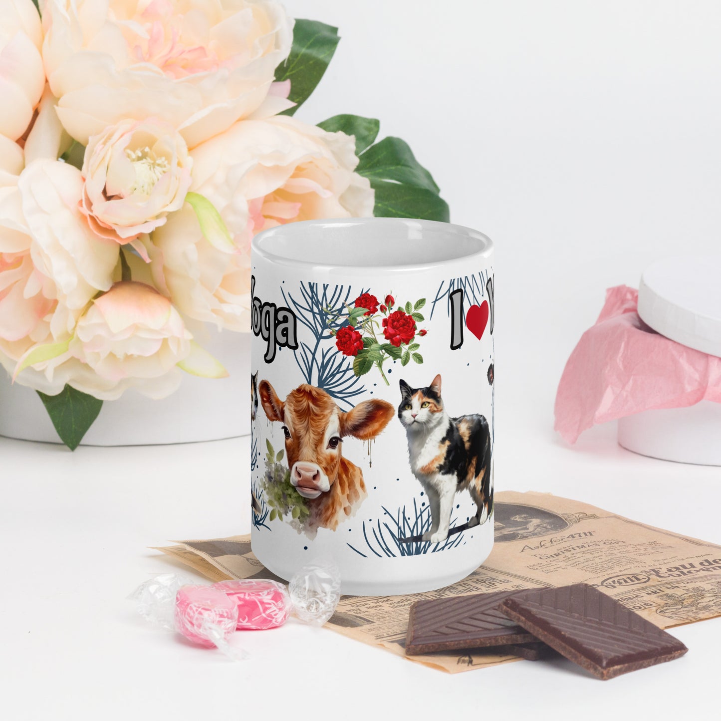 I Love Yoga 15 oz Mug by Awake Republic - White ceramic mug is dishwasher and microwave safe with colorful images