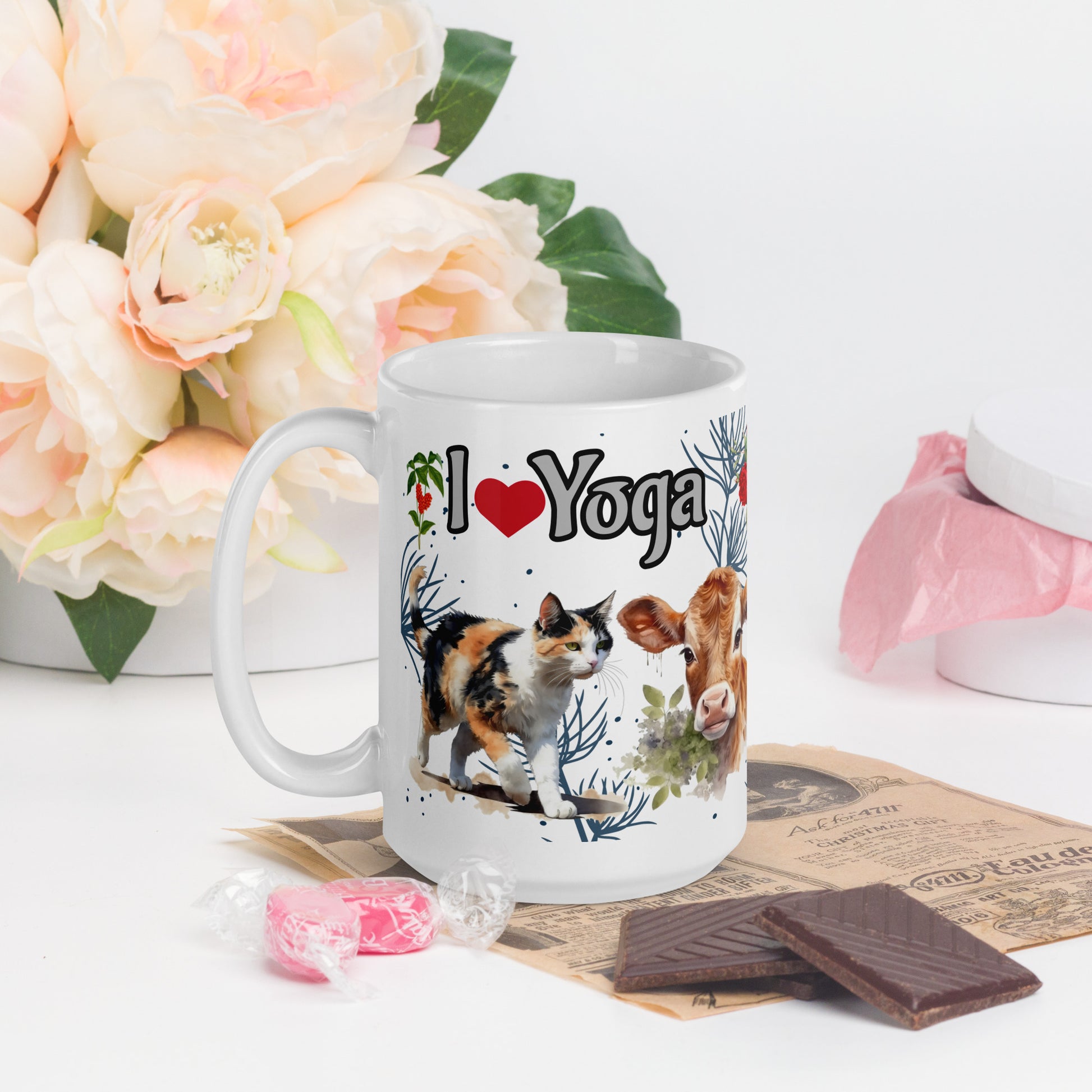 I Love Yoga 15 oz Mug by Awake Republic - White ceramic mug is dishwasher and microwave safe with colorful images