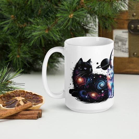 Cosmic Cats 15 oz Mug by Awake Republic - White ceramic mug is dishwasher and microwave safe with colorful images