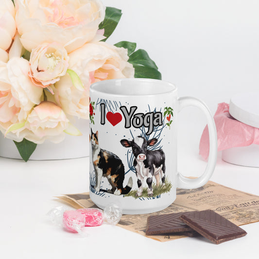 I Love Yoga 15 oz Mug by Awake Republic - White ceramic mug is dishwasher and microwave safe with colorful images