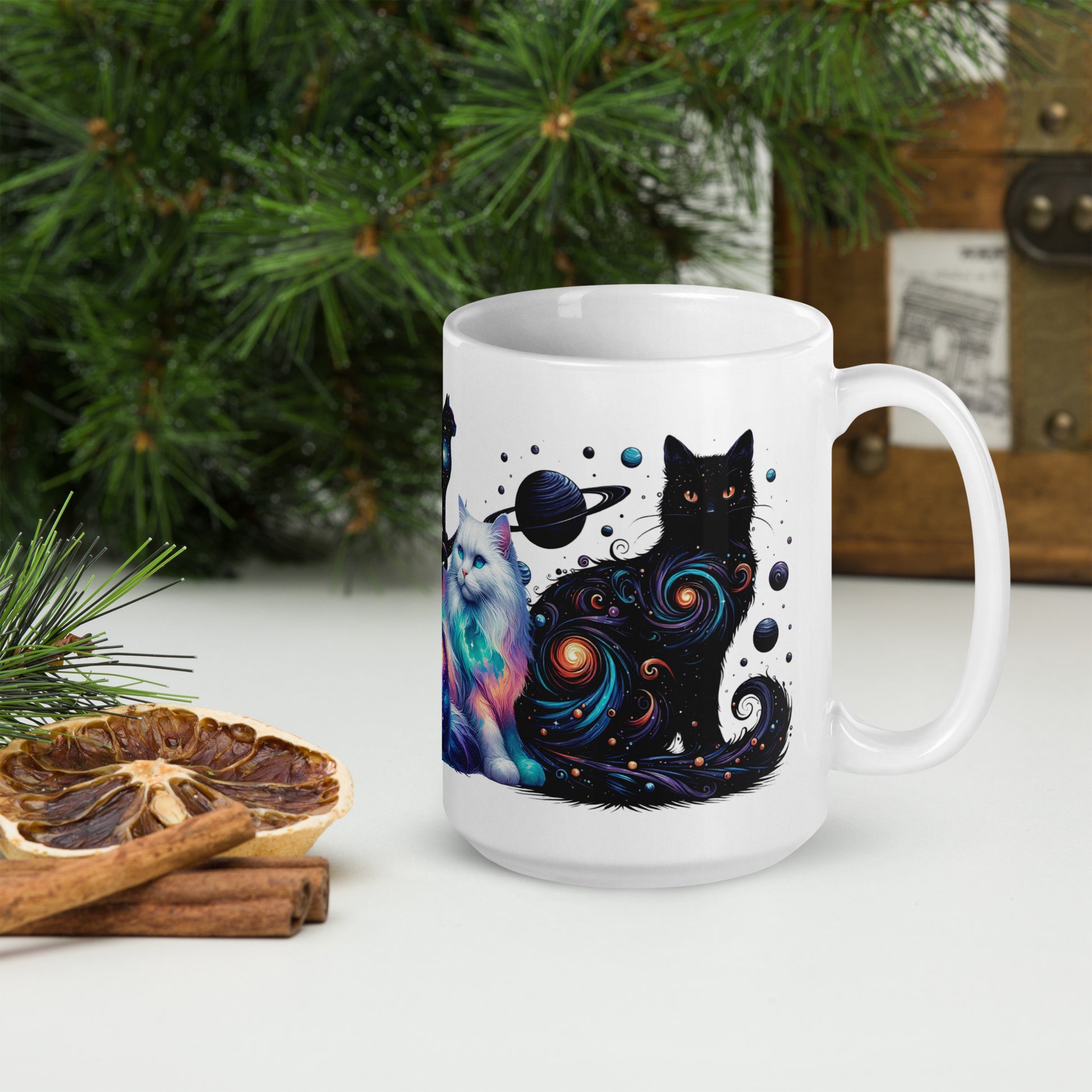 Cosmic Cats 15 oz Mug by Awake Republic - White ceramic mug is dishwasher and microwave safe with colorful images