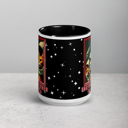 Retro Cosmonaut Cats 15 oz Mug by Awake Republic - White with black colored rim, inside, and handle. Ceramic mug is dishwasher and microwave safe with colorful images