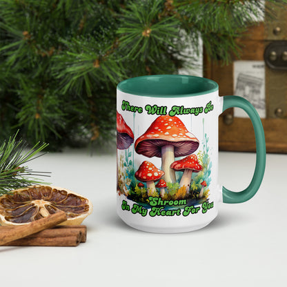 Shroom In My Heart 15 oz Mug by Awake Republic - White with dark green colored rim, inside, and handle. Ceramic mug is dishwasher and microwave safe with colorful images